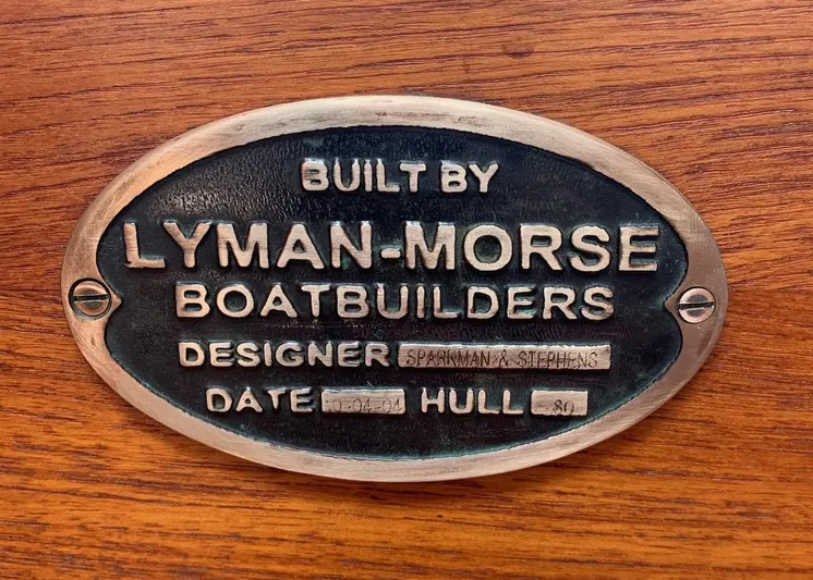Nala Yacht Photos Pics Plaque of 2004 Lyman-Morse Sparkman & Stephens Sloop, showcasing builder and designer details.