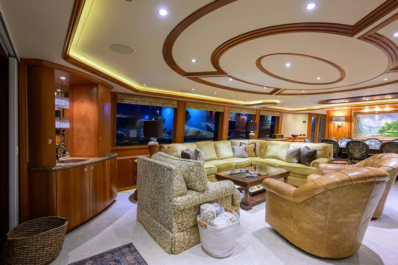 Exodus Yacht Photos Pics Luxurious interior of 2008 Westport 112 yacht with elegant seating and ambient lighting.