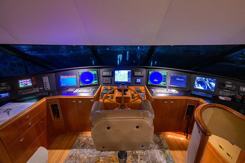 Exodus Yacht Photos Pics Luxurious 2008 Westport 112 yacht helm with advanced navigation systems and plush seating.