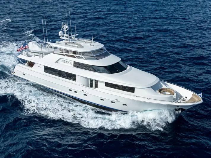 Exodus Yacht Photos Pics Luxurious 2008 Westport 112 yacht cruising on open sea.