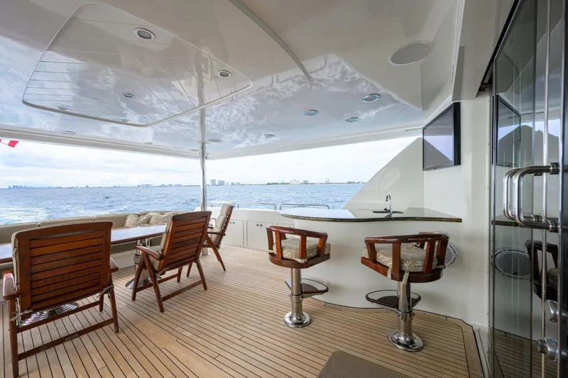 Exodus Yacht Photos Pics Luxurious 2008 Westport 112 yacht deck with seating and ocean view.