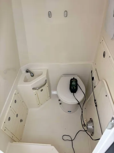  Yacht Photos Pics 2012 Edgewater 318CC boat bathroom with sink and toilet.