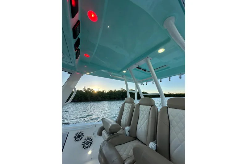  Yacht Photos Pics Interior view of 2020 Everglades 335 Center Console boat with luxurious seating and scenic water backdrop.