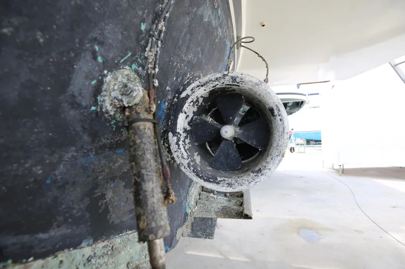  Yacht Photos Pics Sanlorenzo 80 yacht thruster detail, 1990 model, showing wear and marine growth.
