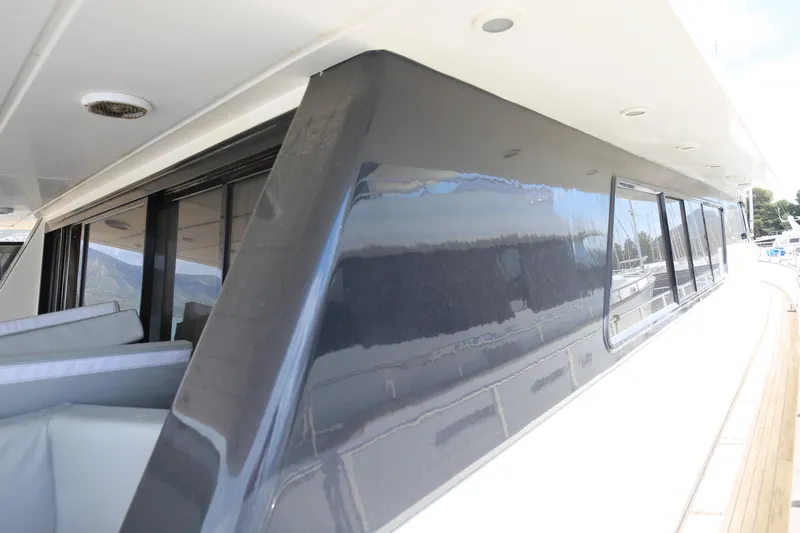  Yacht Photos Pics Sanlorenzo 80 yacht, 1990 model, sleek exterior with large windows and modern design.