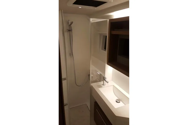 Lone Star Lagoon Yacht Photos Pics Modern bathroom in 2019 Lagoon 50 yacht with shower and sink.