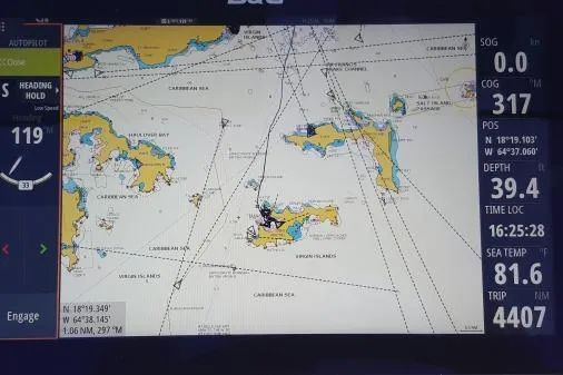 Lone Star Lagoon Yacht Photos Pics Navigation display on Lagoon 50 yacht, showing Caribbean Sea map and sailing data.