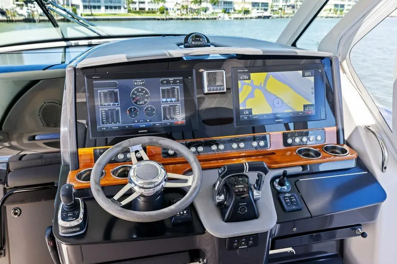 Luna B Yacht Photos Pics Cockpit of 2018 Tiara Yachts 38 LS with advanced navigation displays and controls.