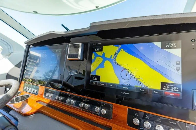 Luna B Yacht Photos Pics Tiara Yachts 38 LS 2018 dashboard with Garmin navigation display and controls.
