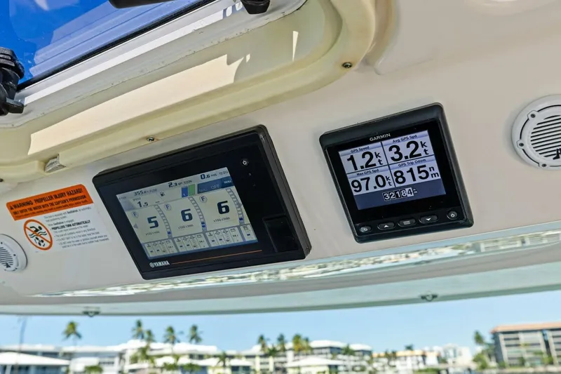 Luna B Yacht Photos Pics Dashboard of 2018 Tiara Yachts 38 LS with Yamaha and Garmin displays.