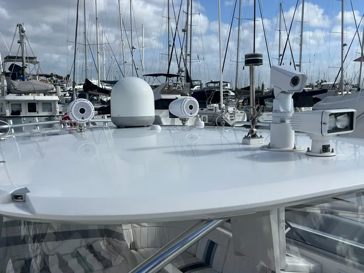 P A N D E M I C Yacht Photos Pics 2010 Intrepid 43 Sport Yacht with advanced navigation equipment, docked in a marina.