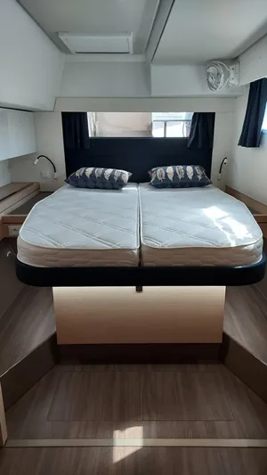 Super Trouper Yacht Photos Pics Interior cabin of 2019 Fountaine Pajot Saona 47 catamaran with double bed.