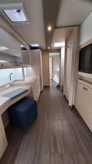 Super Trouper Yacht Photos Pics Interior of 2019 Fountaine Pajot Saona 47 yacht, featuring modern design and wood flooring.