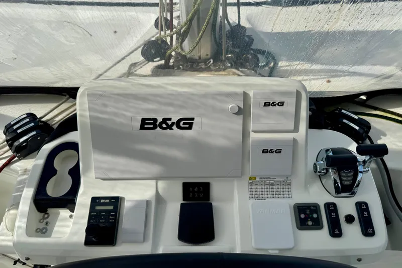 Promprang Yacht Photos Pics Cockpit controls of a 2020 Lagoon 50 catamaran with B&G navigation equipment.