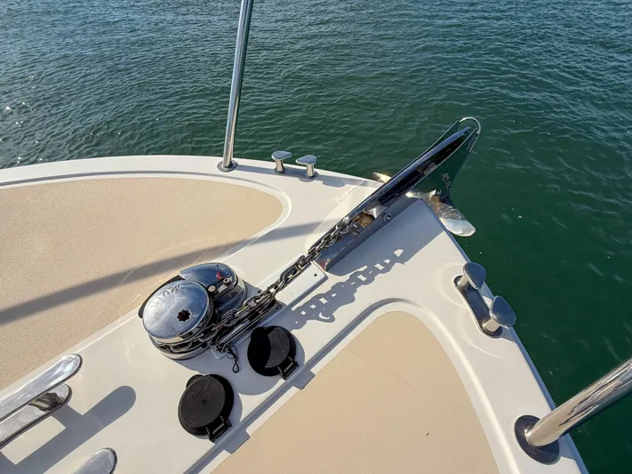 Wild Rose Yacht Photos Pics Bow of 2015 MJM 36z Downeast boat with anchor and winch system.