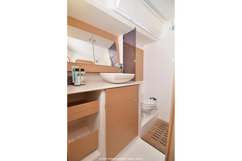  Yacht Photos Pics Modern bathroom interior of 2018 Dufour 520 Grand Large yacht.