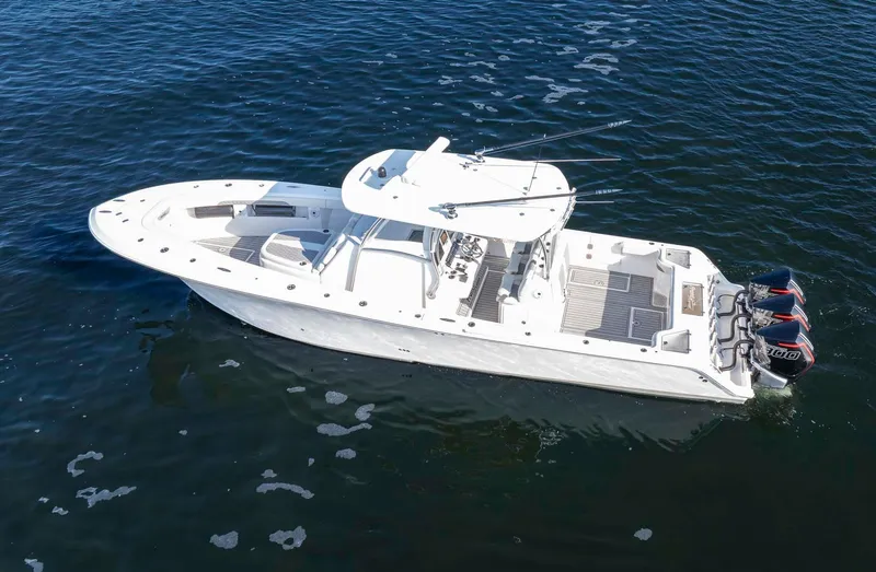 Catch 22 Yacht Photos Pics 2021 Front Runner 36 Center Console boat on open water, aerial view.