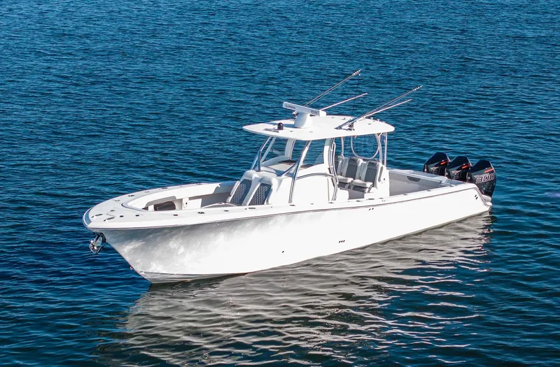 Catch 22 Yacht Photos Pics 2021 Front Runner 36 Center Console boat on calm blue water.