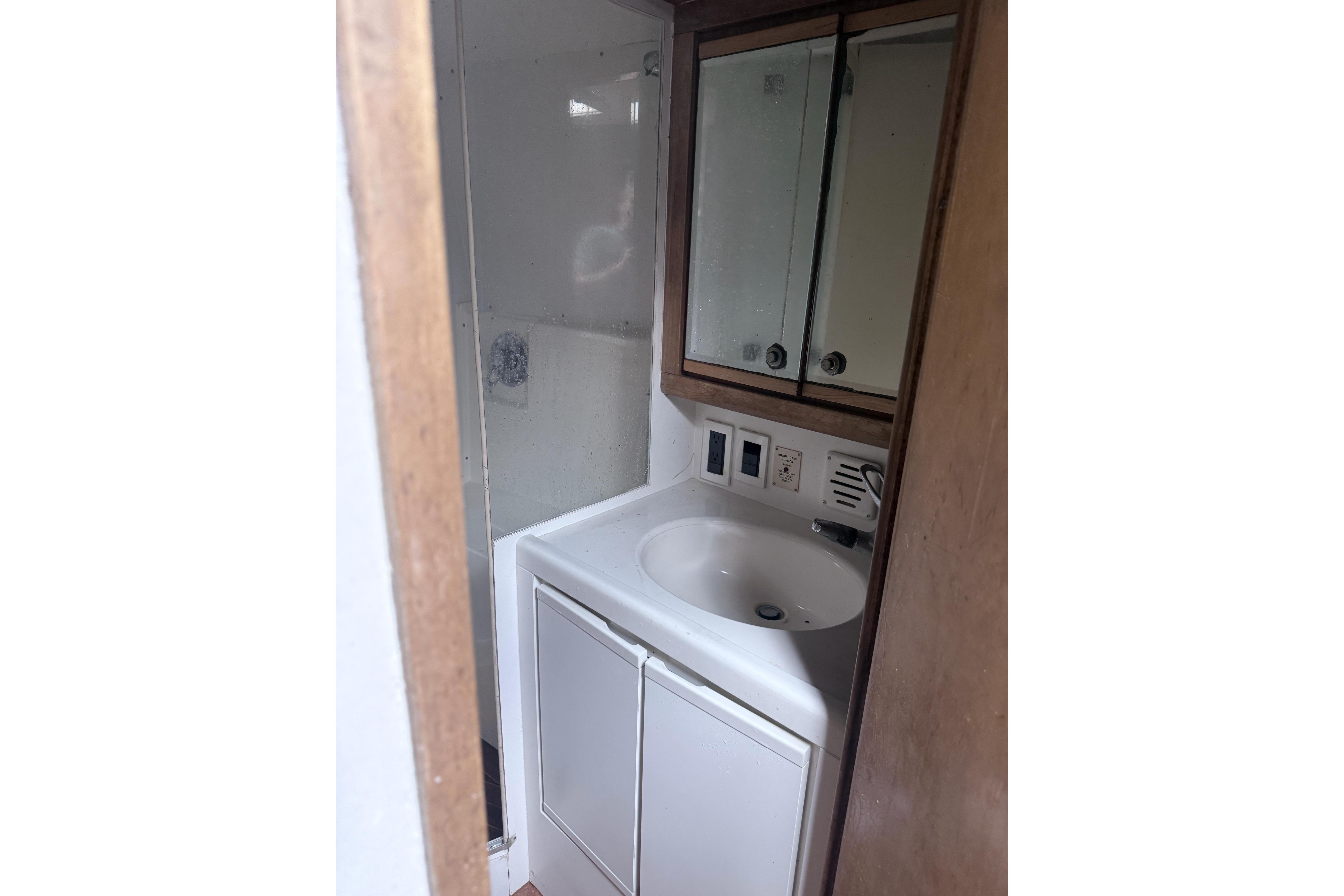 Bathroom interior of 1995 Bertram 46 Moppie yacht with sink and mirrored cabinet.