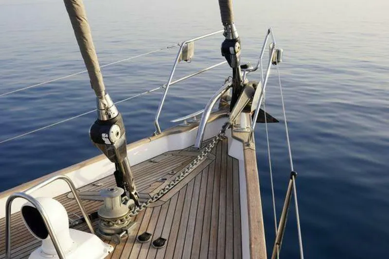 Persistence Yacht Photos Pics Deck of 2002 Hallberg-Rassy 53 yacht with calm sea view.