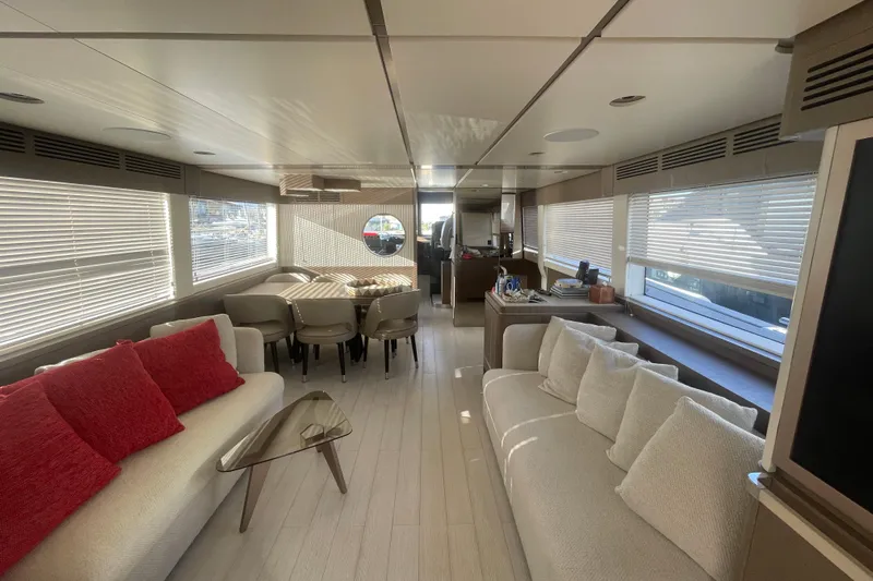 Azimut 66 Magellano Yacht Photos Pics Luxurious interior of 2024 Azimut Magellano 66 yacht with modern furnishings and ample natural light.