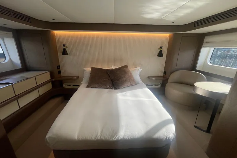 Azimut 66 Magellano Yacht Photos Pics Luxurious bedroom interior of 2024 Azimut Magellano 66 yacht with modern design.