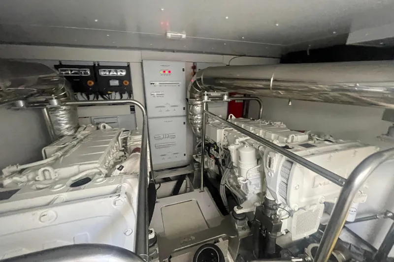 Azimut 66 Magellano Yacht Photos Pics Engine room of 2024 Azimut Magellano 66 yacht, featuring advanced machinery and systems.