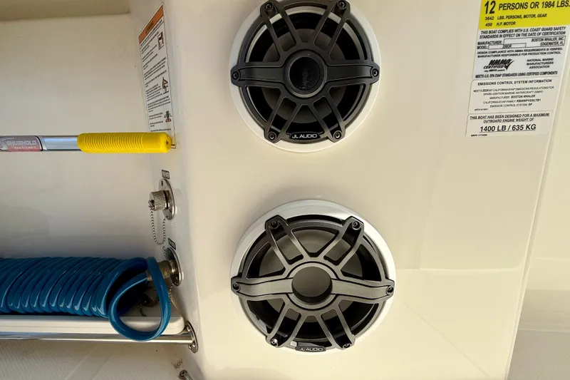  Yacht Photos Pics 2024 Boston Whaler 250 Outrage speakers and safety label detail.