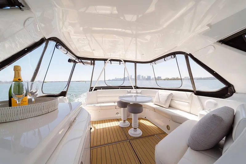 Spencer Yacht Photos Pics Luxurious interior of 2003 Carver Voyager yacht with city skyline view.