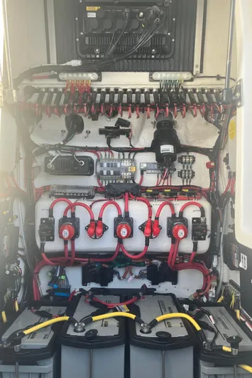  Yacht Photos Pics Dynamic D-305V 2024 electrical panel with wiring and battery setup.