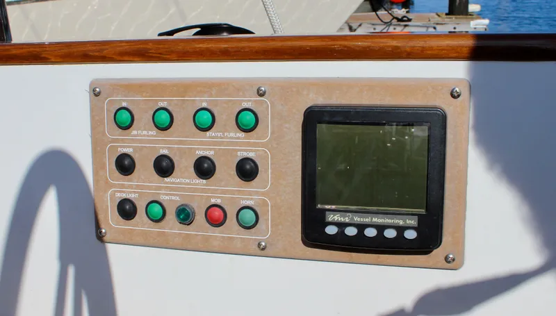Robert Lewis Yacht Photos Pics Control panel on a 2018 Cape George 45 sailboat, featuring buttons and a display screen.