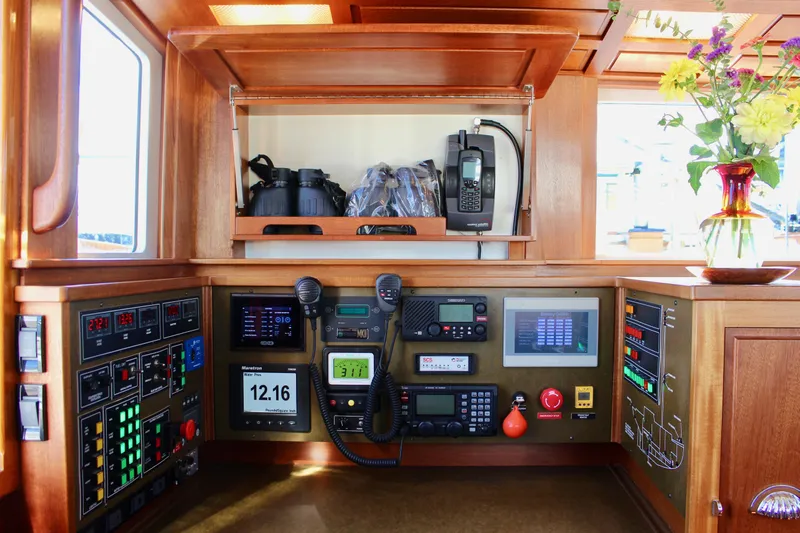Robert Lewis Yacht Photos Pics Navigation equipment on a 2018 Cape George 45 yacht, featuring control panels and communication devices.