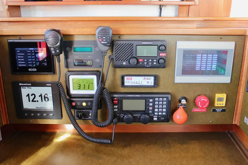 Robert Lewis Yacht Photos Pics Control panel of a 2018 Cape George 45 sailboat with navigation and communication equipment.