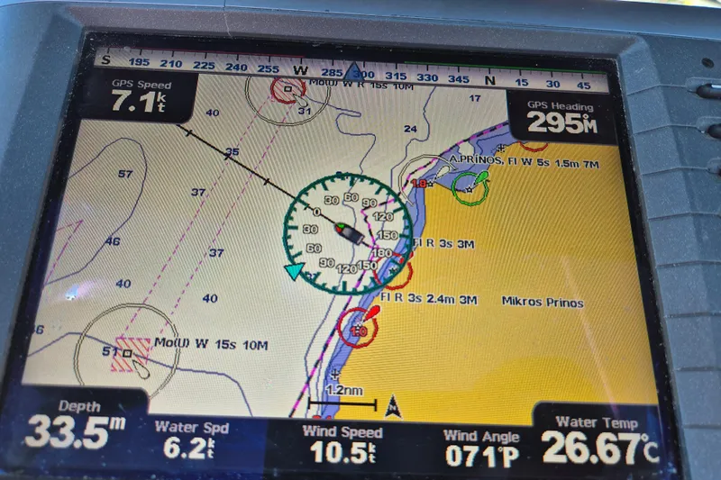 Pac Man Yacht Photos Pics Navigation display on Beneteau Oceanis Clipper 473, showing speed, heading, and water conditions.