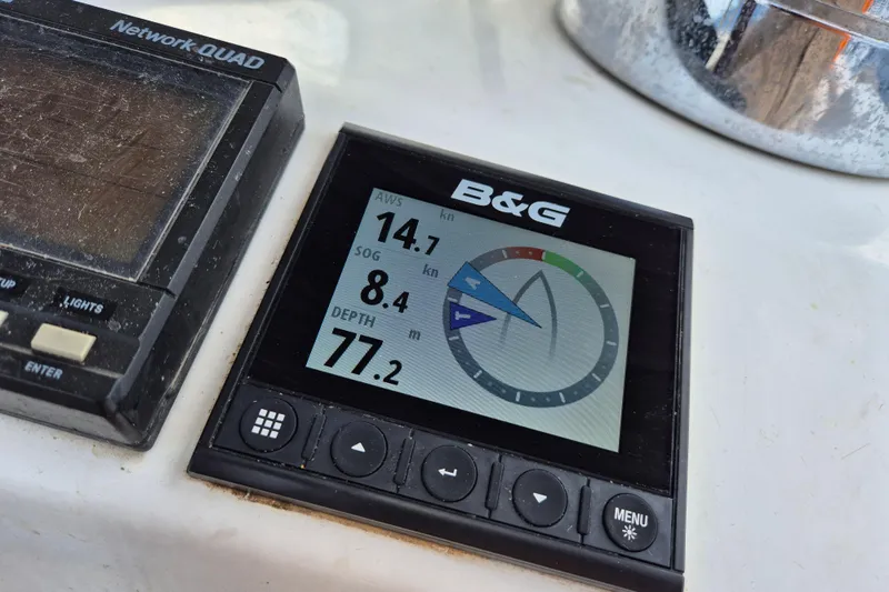 Pac Man Yacht Photos Pics B&G navigation display on 2001 Beneteau Oceanis Clipper 473, showing speed and depth.