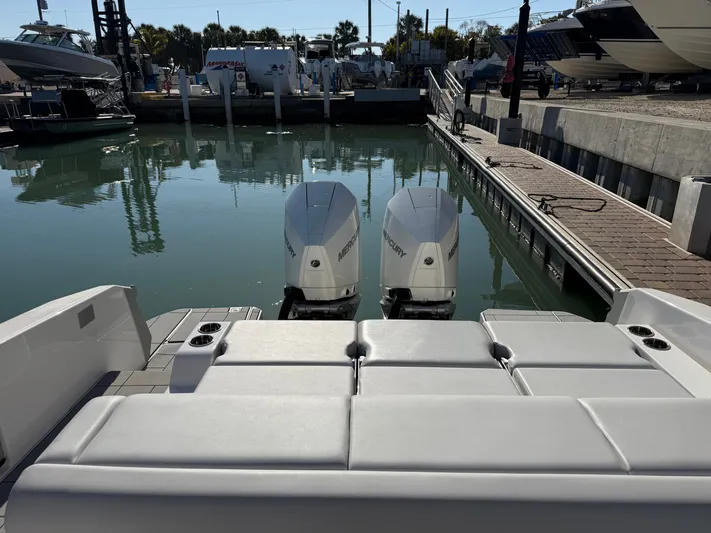 Sea Breeze Yacht Photos Pics Aviara AV32 OB 2022 with Mercury engines docked in harbor.