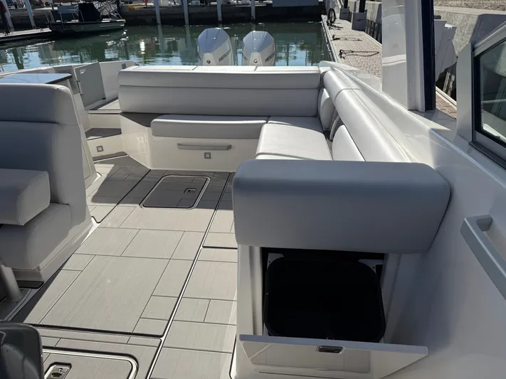 Sea Breeze Yacht Photos Pics Interior of 2022 Aviara AV32 OB with gray seating.