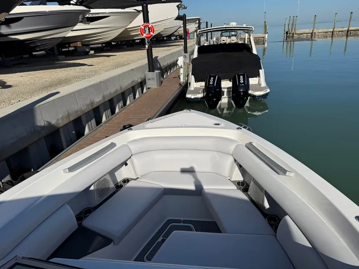 Sea Breeze Yacht Photos Pics Aviara AV32 OB 2022 at dock with luxurious interior seating.