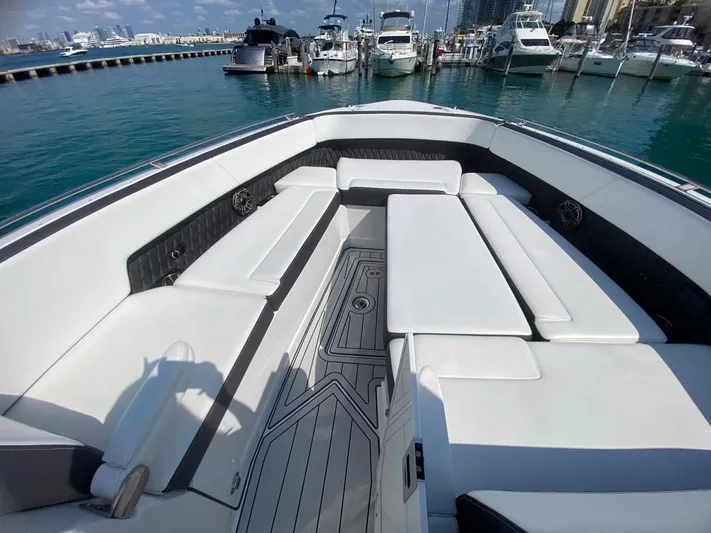  Yacht Photos Pics Luxurious 2018 Monterey 385 SE boat interior with spacious seating at marina.