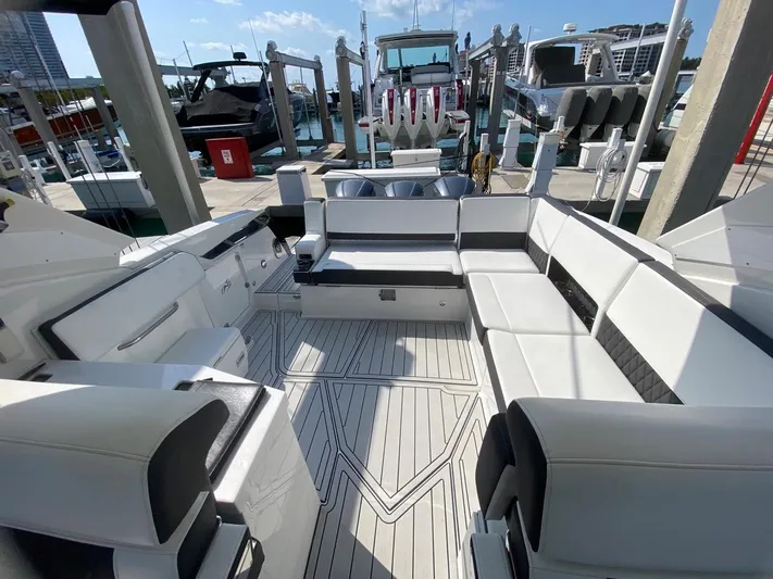  Yacht Photos Pics Luxurious 2018 Monterey 385 SE boat interior with spacious seating at marina.