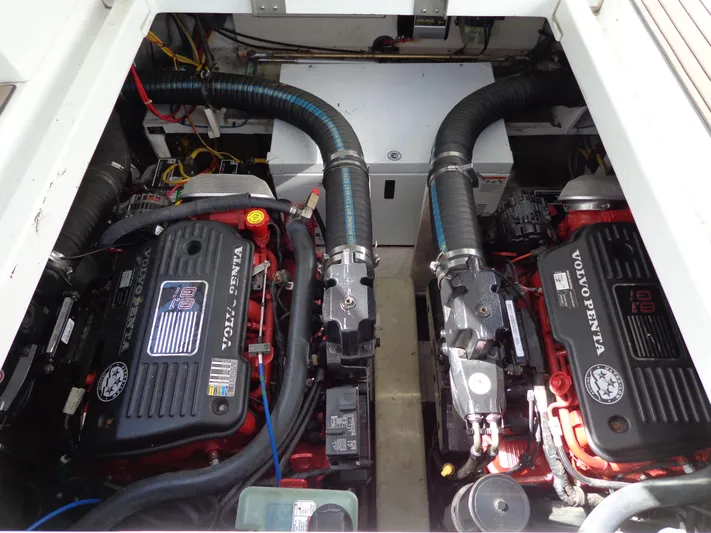  Yacht Photos Pics Engine compartment of 2008 Cruisers Yachts 330 Express with Volvo Penta engines.
