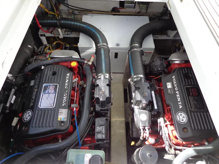  Yacht Photos Pics Engine compartment of 2008 Cruisers Yachts 330 Express with Volvo Penta engines.