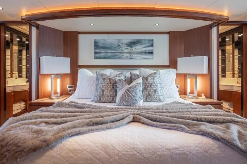 Chindon Yacht Photos Pics Luxurious 2017 Ocean Alexander Motor Yacht bedroom with elegant decor and ambient lighting.