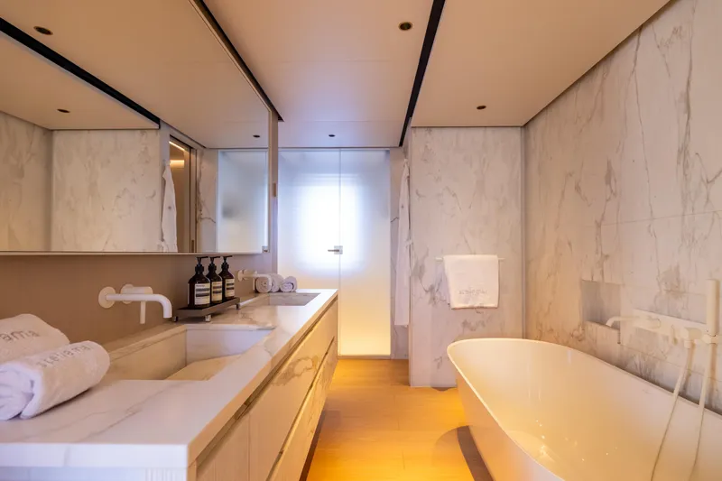 Stellamar Yacht Photos Pics Luxurious marble bathroom in 2023 Cantiere Delle Marche RJ 115 yacht.