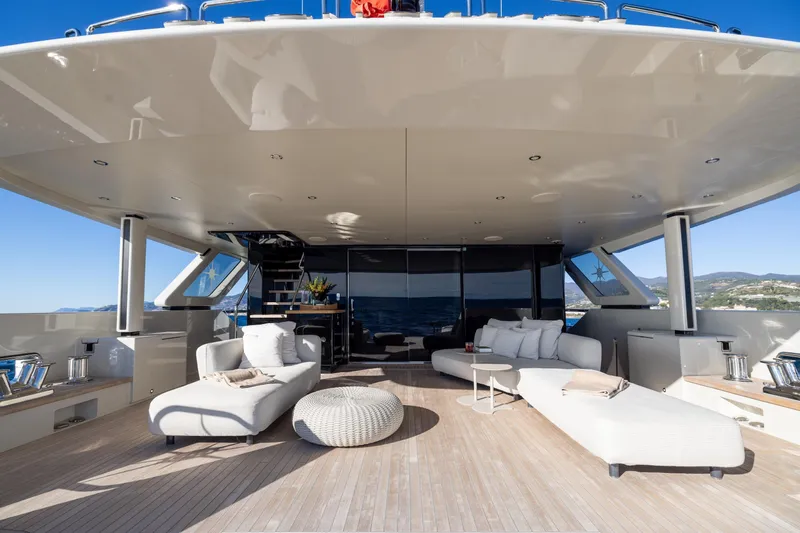 Stellamar Yacht Photos Pics Luxurious 2023 Cantiere Delle Marche RJ 115 yacht deck with modern seating and ocean view.
