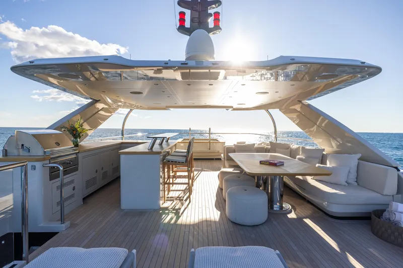Stellamar Yacht Photos Pics Luxurious 2023 Cantiere Delle Marche RJ 115 yacht deck with seating and ocean view.