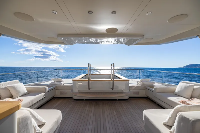 Stellamar Yacht Photos Pics Luxurious 2023 Cantiere Delle Marche RJ 115 yacht deck with ocean view and seating.
