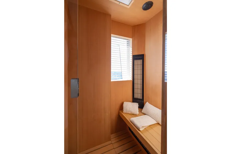 Stellamar Yacht Photos Pics Luxurious wooden sauna interior on 2023 Cantiere Delle Marche RJ 115 yacht.