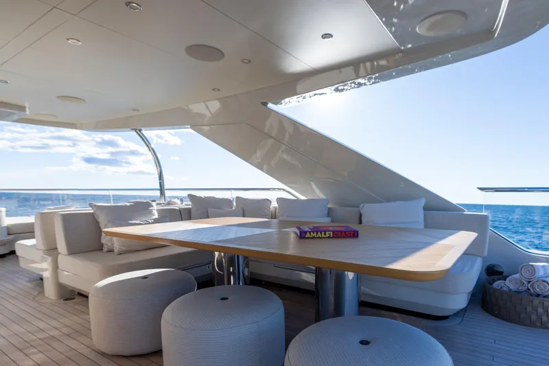 Stellamar Yacht Photos Pics Luxurious 2023 Cantiere Delle Marche RJ 115 yacht interior with ocean view and elegant seating.