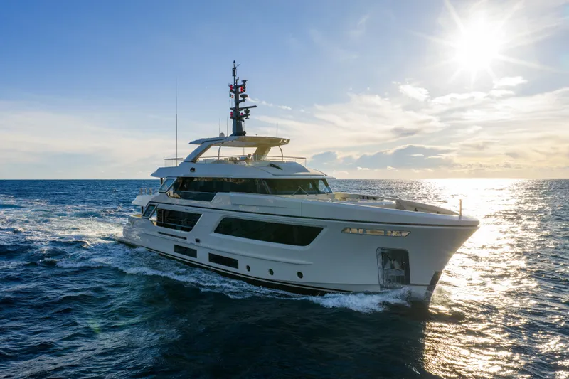 Stellamar Yacht Photos Pics Luxurious 2023 Cantiere Delle Marche RJ 115 yacht cruising at sunset on open sea.